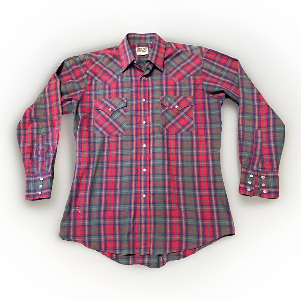 ELY Cattleman Western‎ Shirt Mens M Red Long Sleeve Pearl Snap Silver Trim